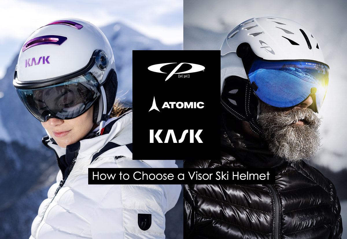 Man wearing a CP Visor ski helmet and woman wearing a Kask visor ski hemet