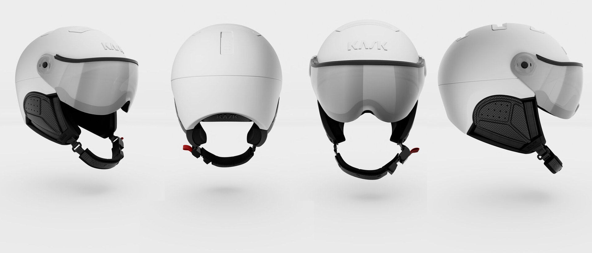 Four different angle views of the Kask Shadow visor ski helmet in white