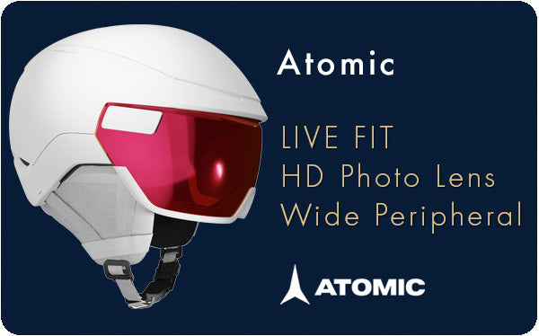 White Atomic visor ski helmet with red visor lens