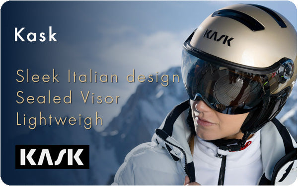 Woman wearing an Italian visor ski helmet from KASK in bronze color