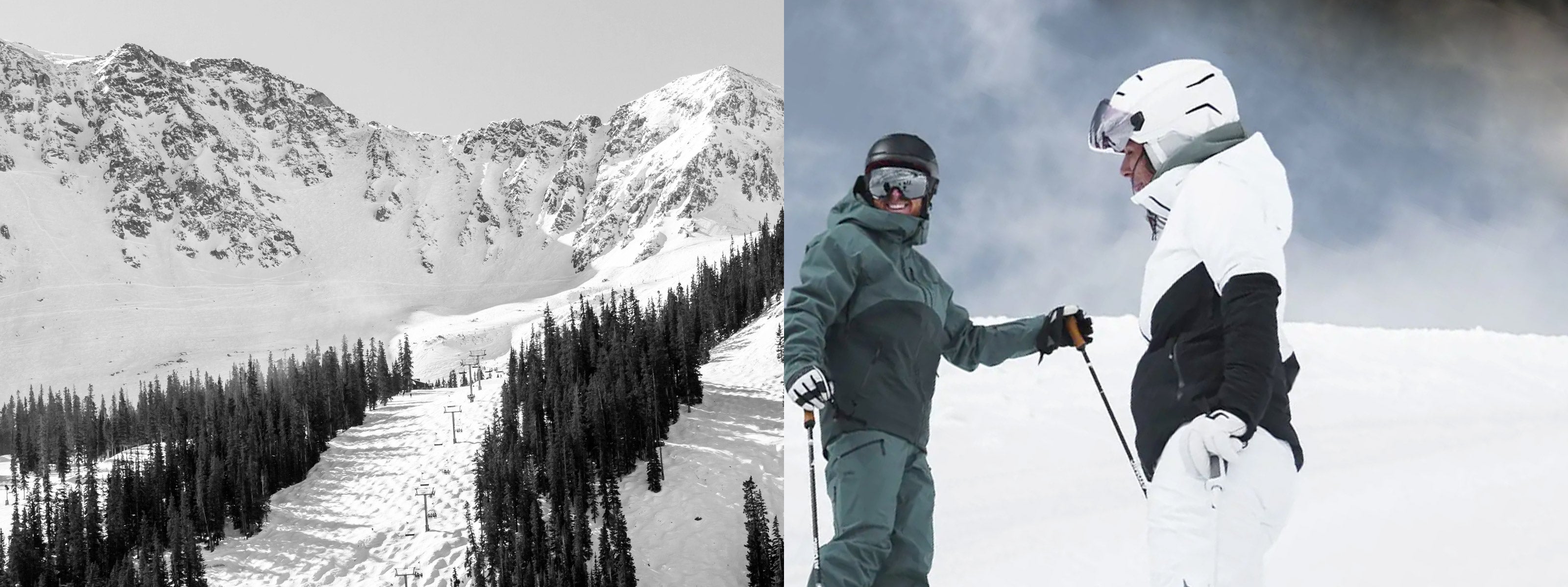 Woman wearing white Atomic visor ski helmet and black and white ski coat set against a ski resort backdrop