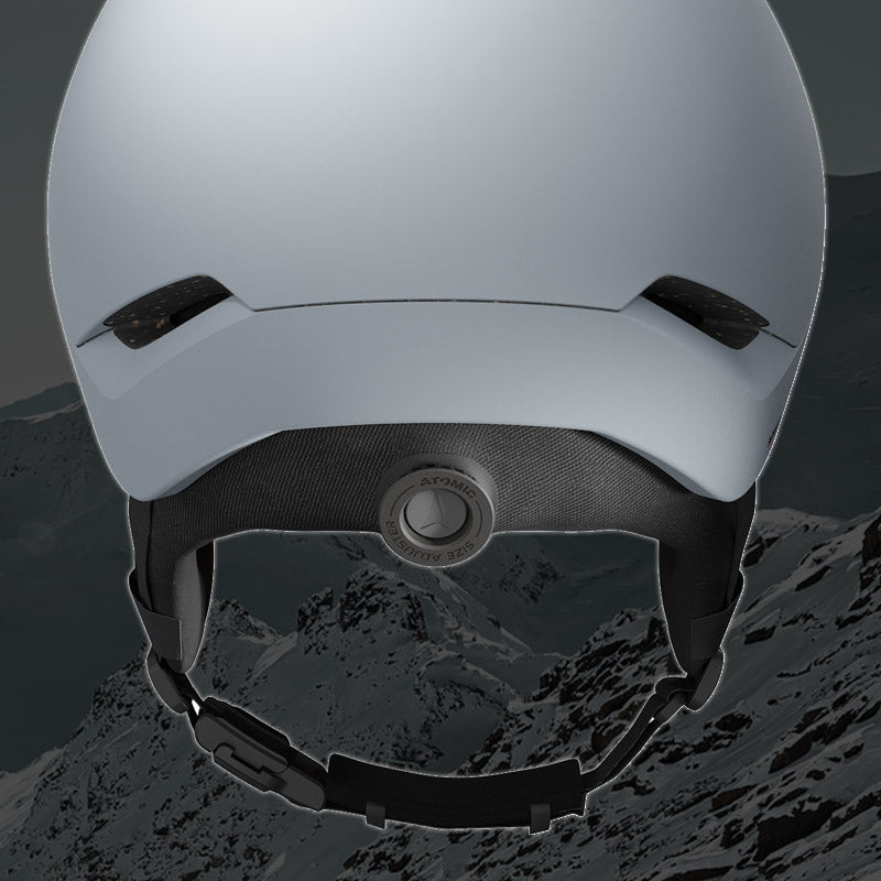 Size adjustment detail on Atomic Revent ski helmet with visor
