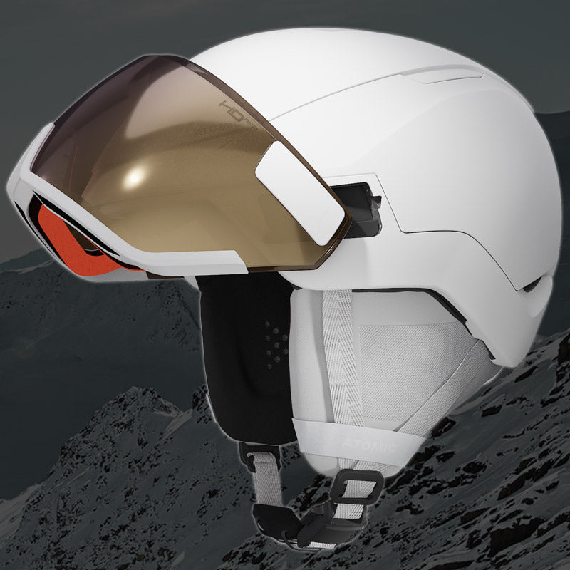 White Atomic all in one ski helmet with visor up
