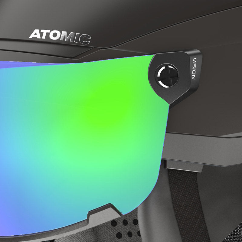 Detail of visor attachment on an Atomic visor ski helmet