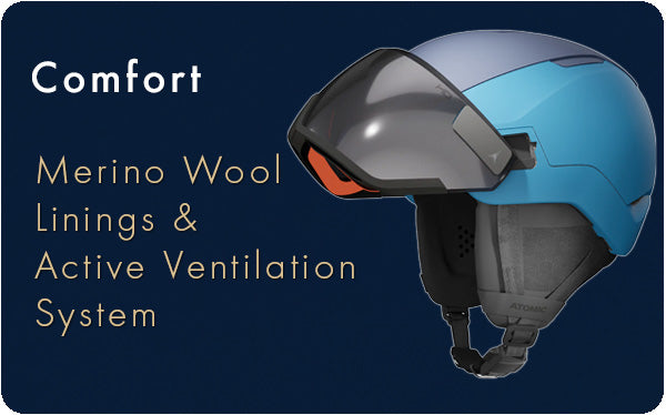 Blue Atomic visor ski helmet with merino wool lining