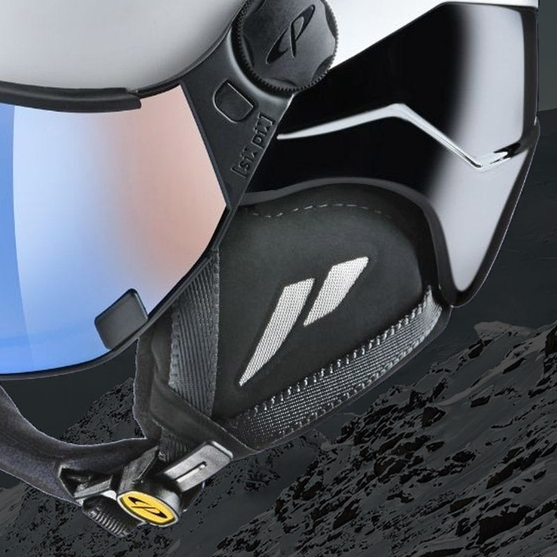 Detail view of the changeable ear pads on the Coroa+ visor ski helmet