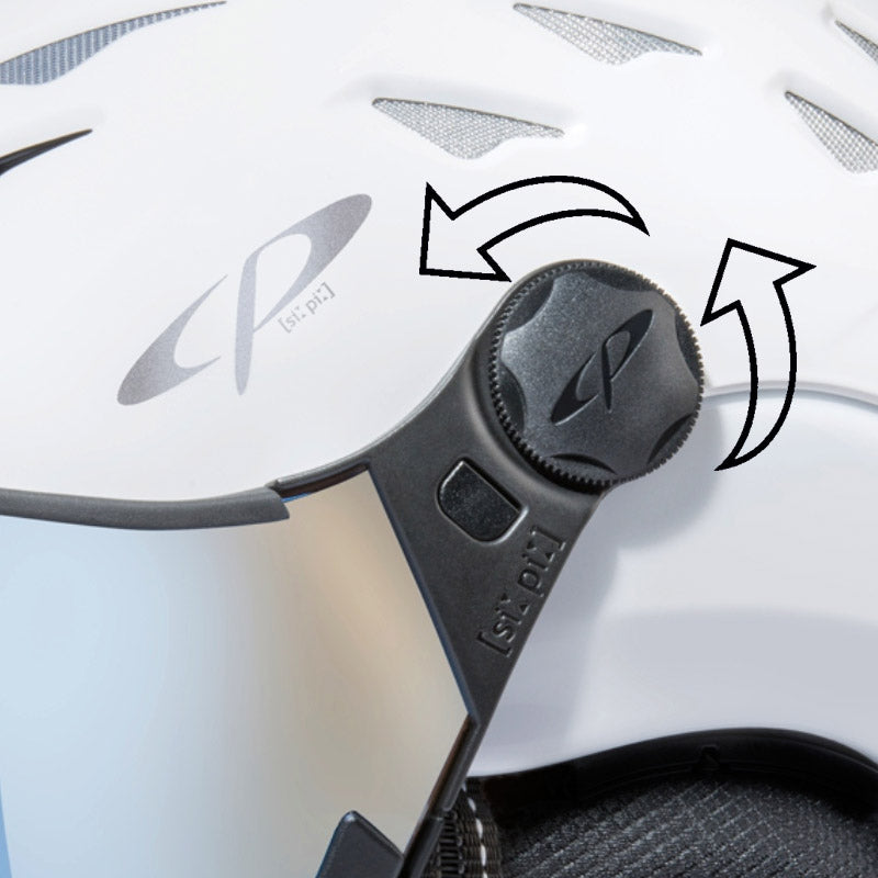 Diagram showing how to change the visor on an Cuma all in one ski helmet