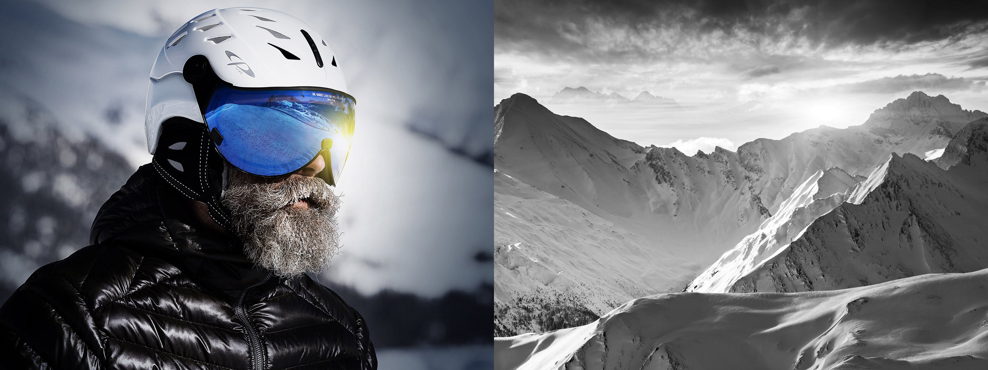 Man wearing a white visor ski helmet from CP sports and a mountain landscape covered in snow