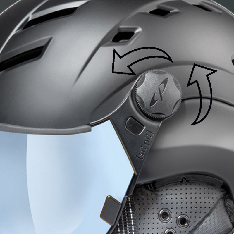 Detail view of dial that allows visors to be changed on CP Camurai visor ski helmets