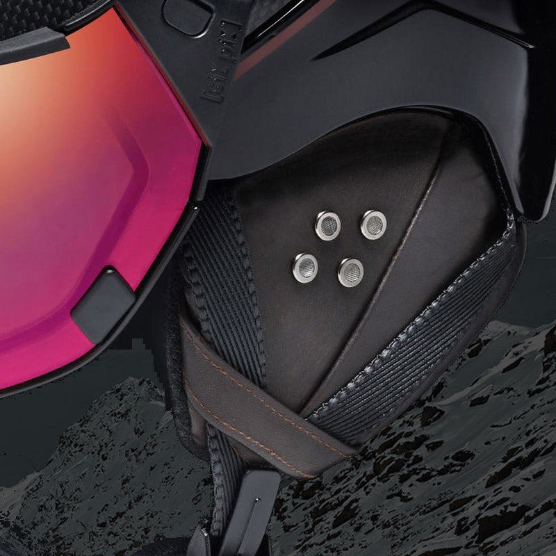 Detail of changeable earpads on the Camurai Carbon visor ski helmet model