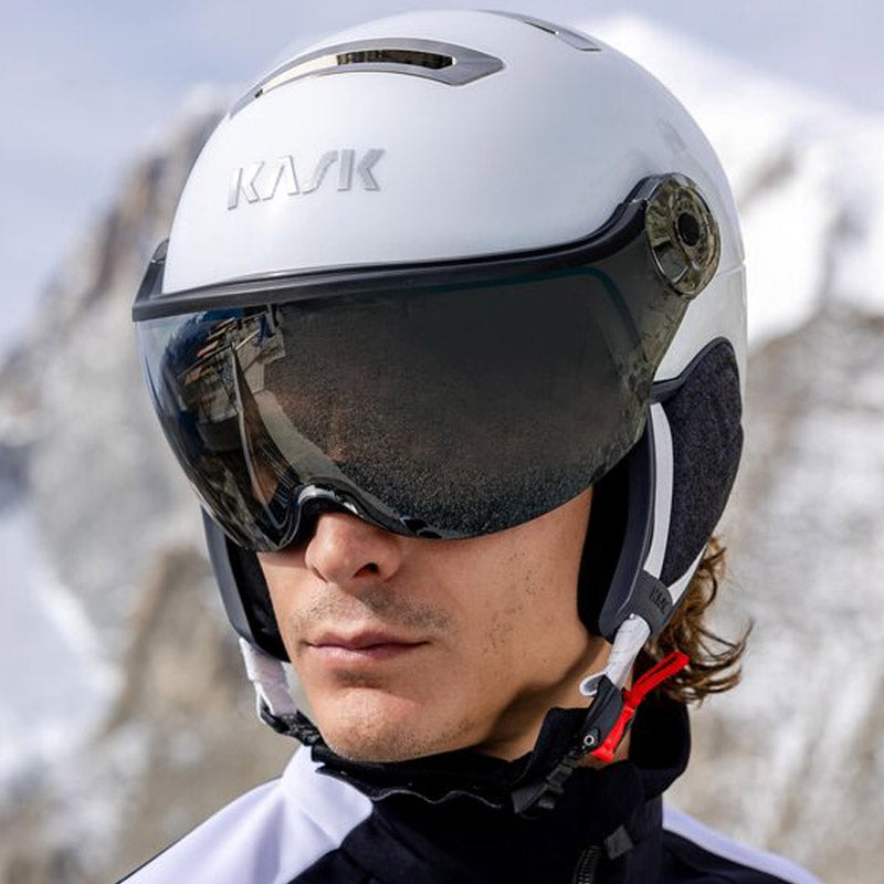 Man wearing KASK Chrome Visor Ski Helmet in White