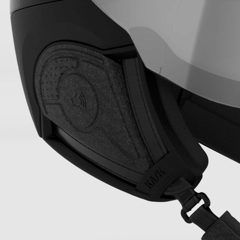Close up detail of the Vibes Audio Earflaps on the Kask Visor Ski Helmet