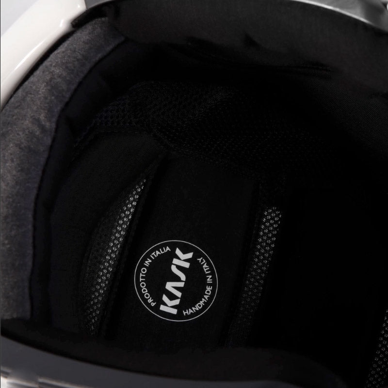Detail view of the merino wool lining in a Kask visor ski helmet