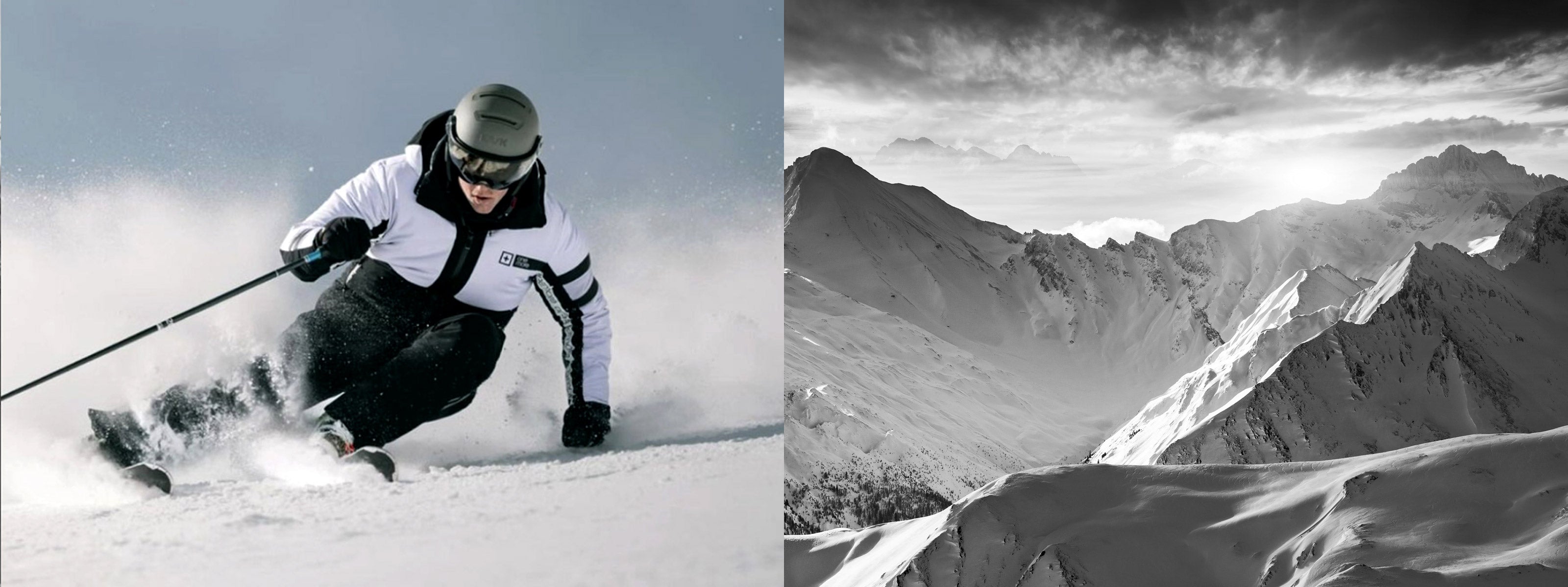 Man downhill skiing with gren Kask Visor Ski Helmet on and white and black jacket