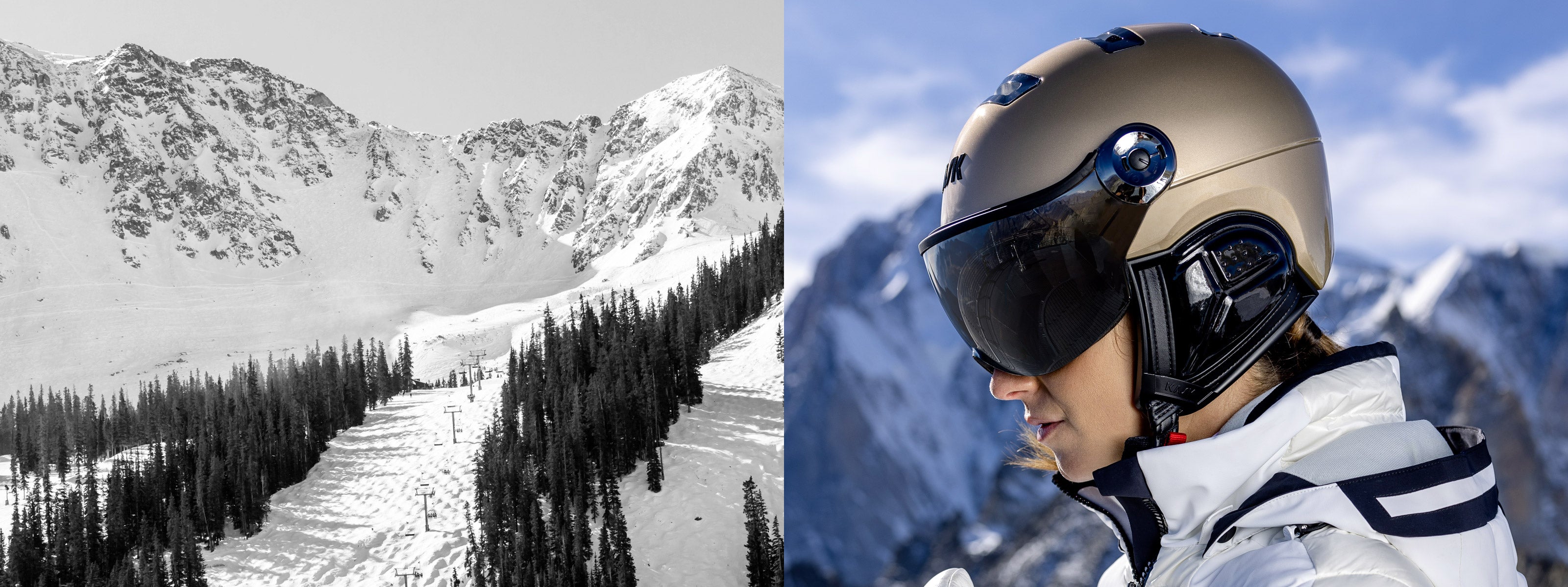 Profile view of woman wearing a bronze color Kask visor ski helmet set against a ski resort backdrop