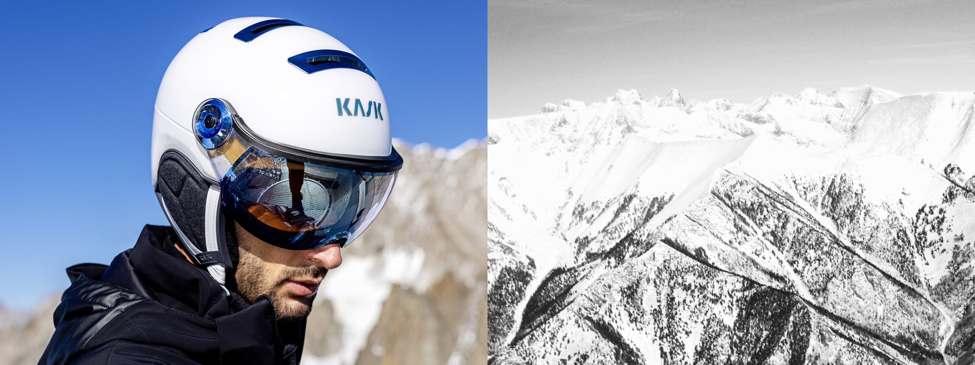MAn wearing a white visor ski helmet from Kask with clear lens visor