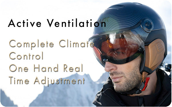 Man wearing carbon visor ski helmet from Kask with ventilation system