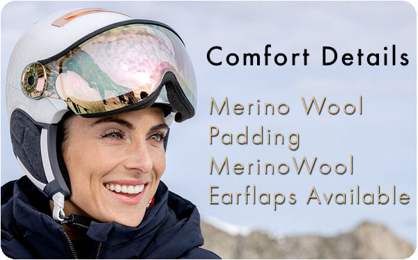 Woman wearing white visor ski helmet from Kask with merino wool lining