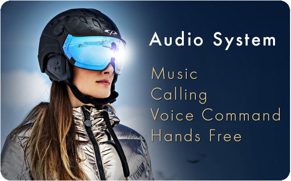 Woman wearing a black visor ski helmet with hands free audio system