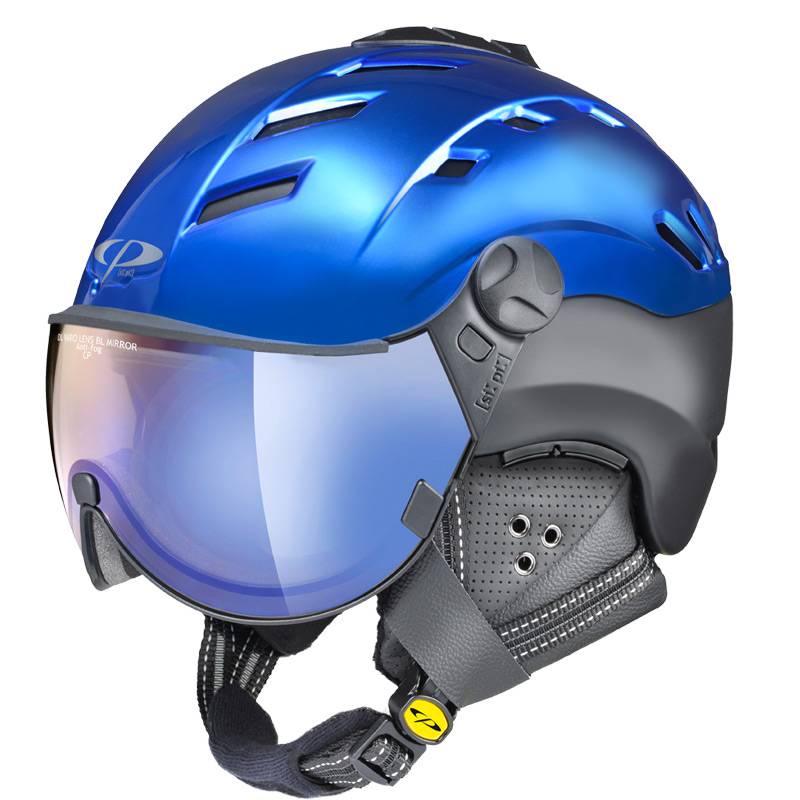 blue ski helmet with visor