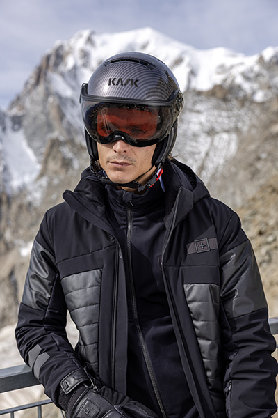 Man wearing the Kask Elite visor ski helmet