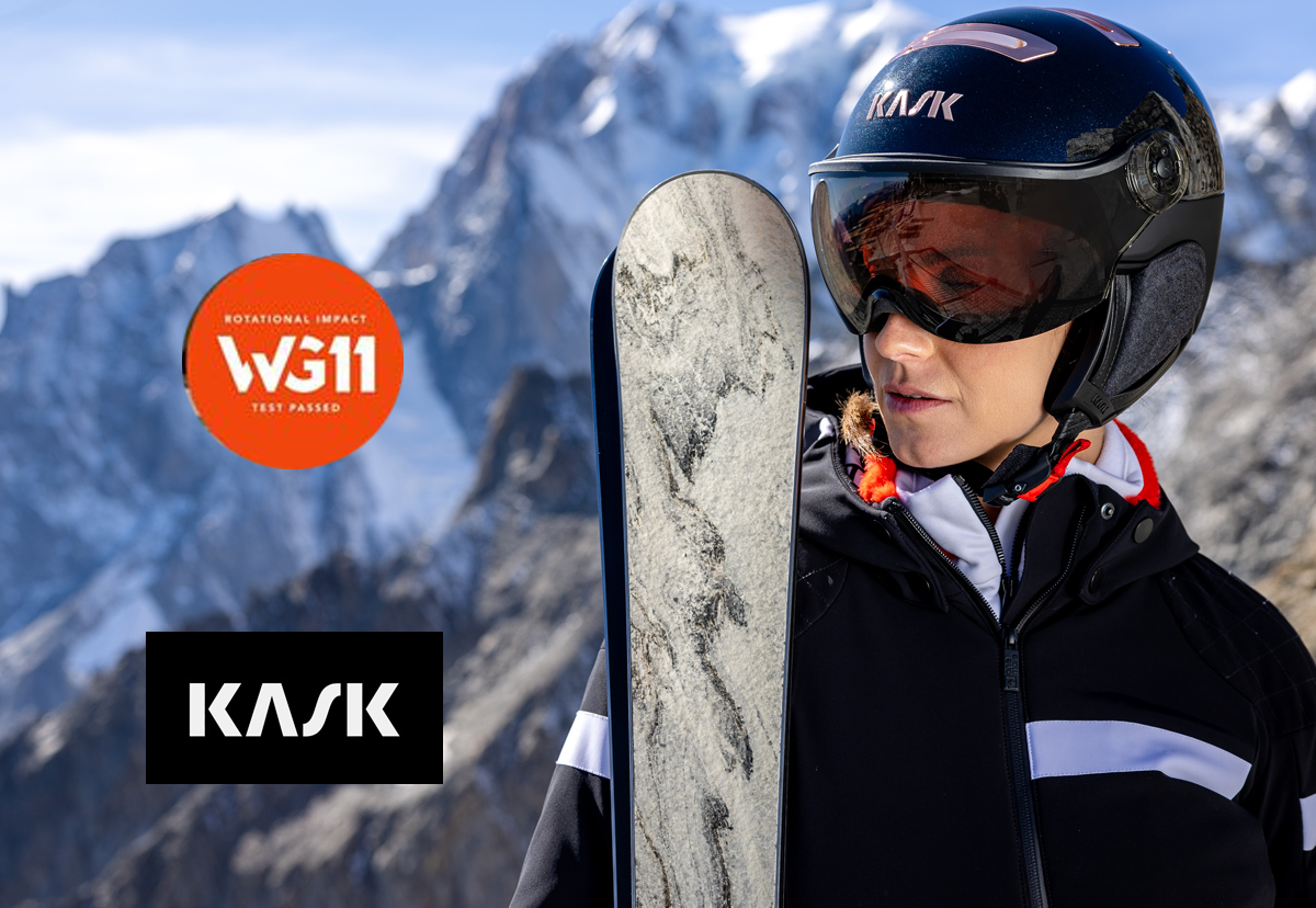 Woman wearing Kask visor ski helmet with Rotational Impact WG11