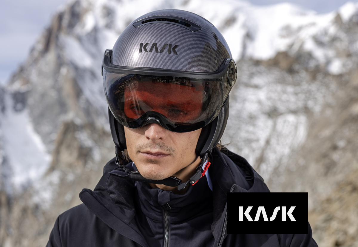 Man wearing Kask visor ski helmet with Vibes audio system