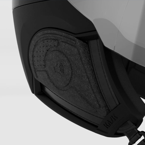 Detail image of Vibes audio system in a Kask ski helmet with visor