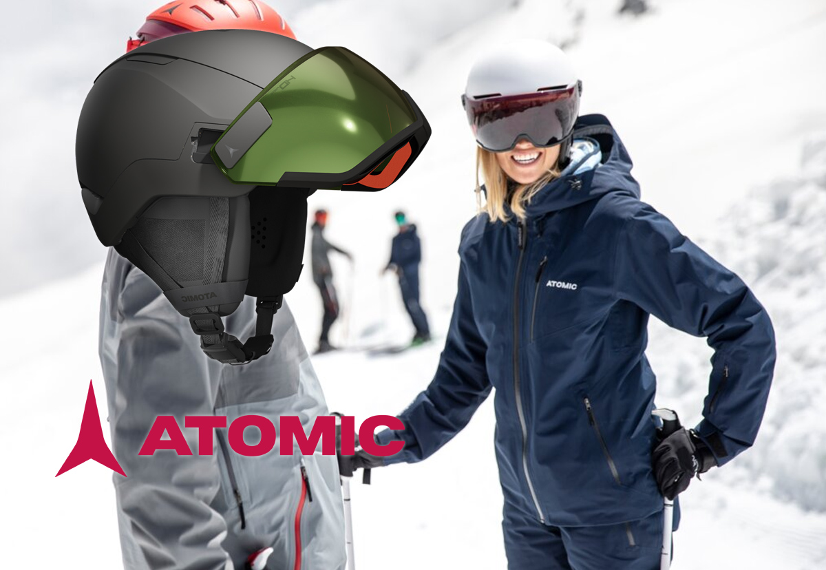 Woman wearing an Atomic visor ski helmet